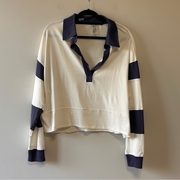 Boxy Navy and White Long Sleeve Polo Shirt Deep V Neck Trendy School Fall - Picture 2 of 12